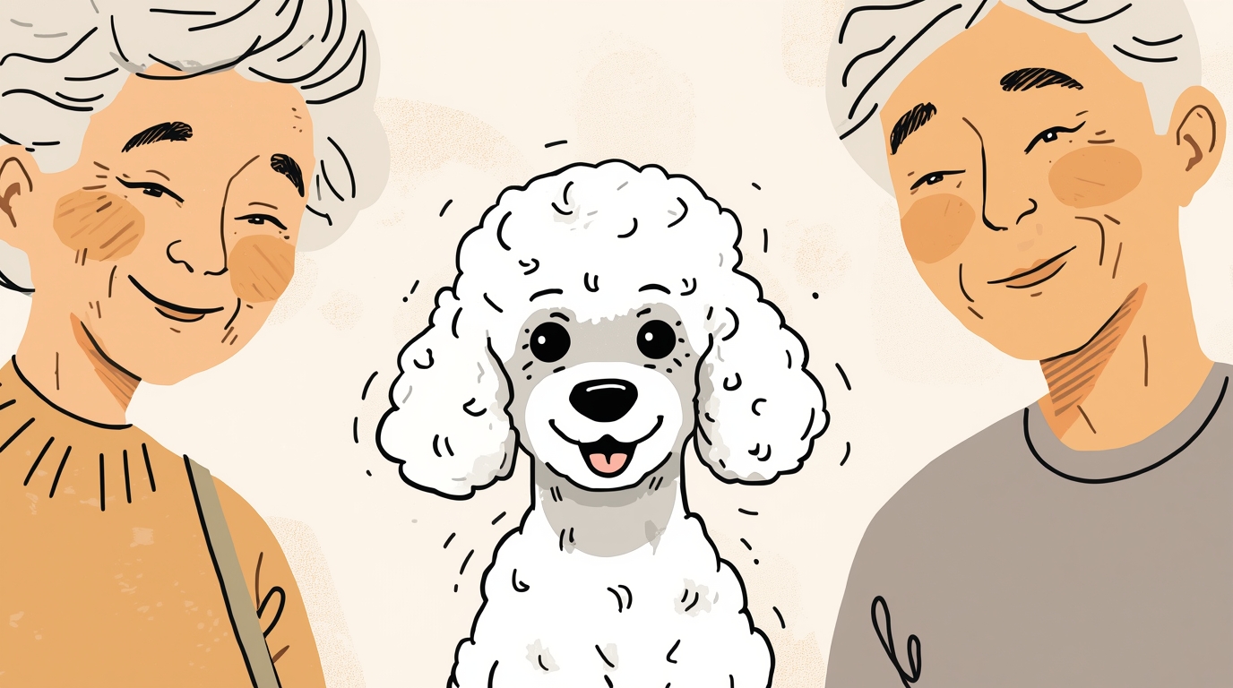2 personnes âgées, heureuses de voir un caniche blanc